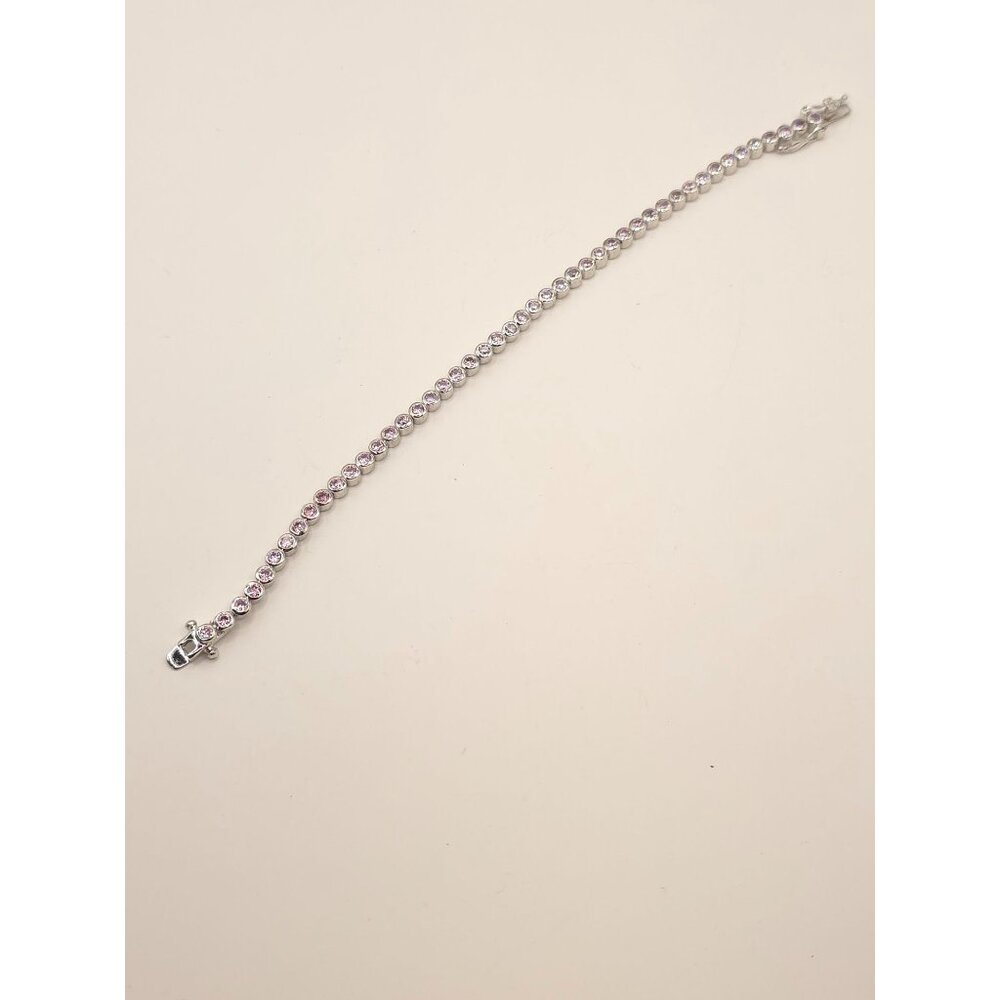 Silver Tone Tennis Bracelet With Pink CZ Stones & Secure Clasp - Picture 7 of 11